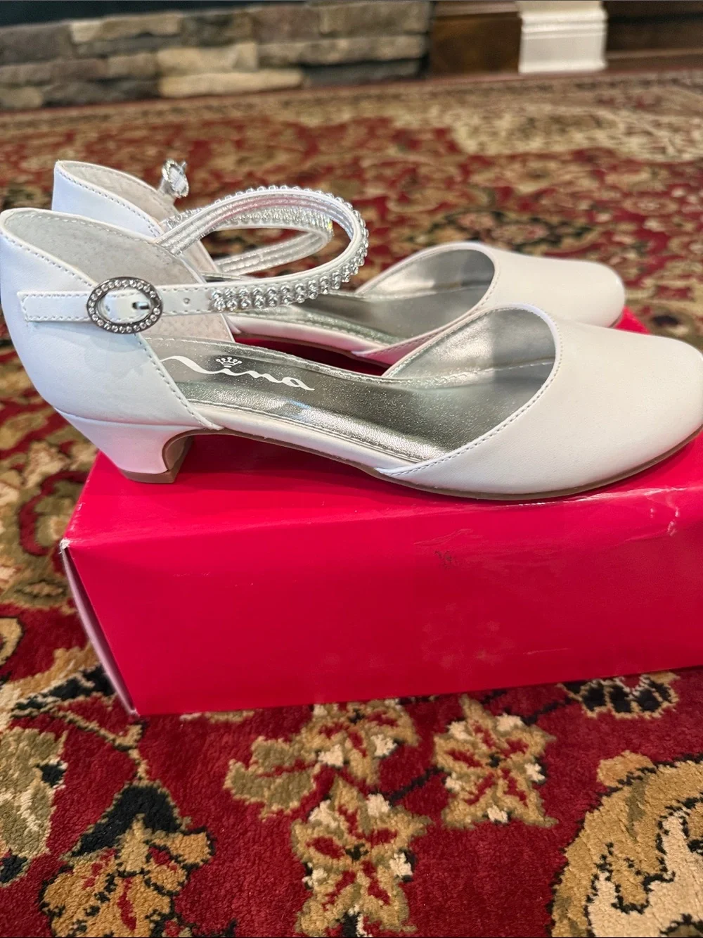 Nina White Girls Dress Shoes with Rhinestone Anklet